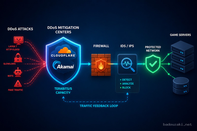 Minh họa hệ thống phòng thủ đa lớp chống DDoS Layer 7 với Firewall, IDS/IPS và mạng lưới giảm thiểu lưu lượng toàn cầu, giúp bảo vệ máy chủ khỏi các cuộc tấn công quy mô lớn.